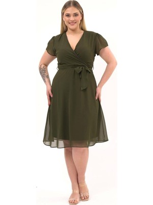 Apsen Collection Apsen Kadın Kruvaze Yaka Kısa Kol Kuşak Bağlama Detaylı Midi Boy Şifon Elbise 4449-110