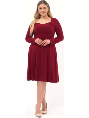 Apsen Collection Apsen Kadın Bordo Beşgen Yaka Uzun Kol Detaylı Midi Örme Elbise 4464/110