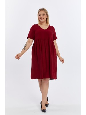 Apsen Collection Apsen Kadın Bordo Büzgü Detaylı midi Yazlık büyük Beden Elbise 4424-105