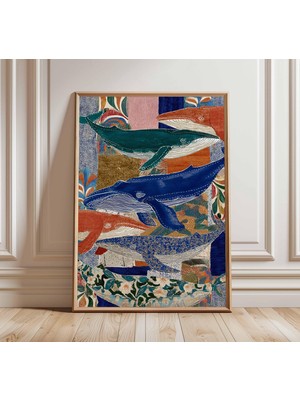 Ninastore Balina Sanat Baskısı Okyanus Kolaj Posteri Deniz Temalı Duvar Sanatı Kıyı Deniz Dekorasyonu Boho Deniz Yaşamı Sanat Eseri Renkli Okyanus Hayvan Baskısı