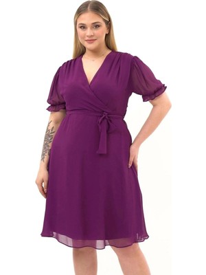 Apsen Collection Apsen  Kadın Mor Kruvaze Yaka Kuşaklı Büyük Beden Midi Boy Şifon Elbise 4255-110