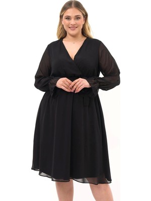 Apsen Collection Apsen Kadın Siyah Kruvaze Kuşaklı Büyük Beden Uzun Kol Şifon Elbise 4450-110