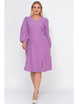 Apsen Collection Apsen Kadın Lila Büyük Beden Yırtmaç Detaylı V Yaka Midi Krep Elbise 4479/110