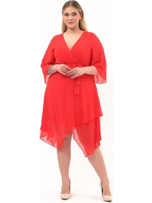 Apsen Collection Apsen Kadın Narçiçeği Kruvaze Yaka Kol Detaylı Midi Boy Şifon elbise 4465-120