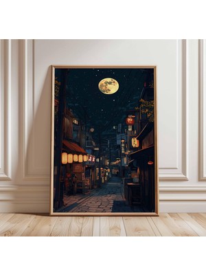 Ninastore Ay Işığıyla Aydınlatılmış Tokyo Posteri Japon Sokak Gece Sanatı Şehir Fenerleri Kentsel Japon Manzarası Ay ve Yıldızlı Gökyüzü Baskısı Tokyo Baskısı
