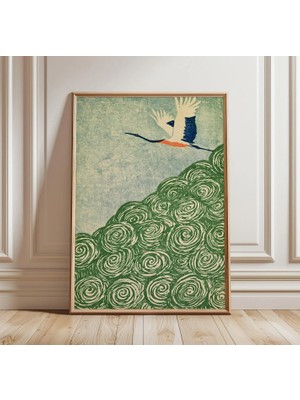 Ninastore Japon Turnası Duvar Sanatı | Uçan Kuş Ahşap Baskı Poster | Minimalist Doğa Dekorasyonu | Asya Bitki Örtüsü Illüstrasyonu