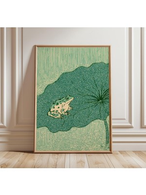 Ninastore Japon Kurbağası Baskısı | Vintage Amfibi Duvar Sanatı | Botanik Nilüfer Yaprağı Illüstrasyonu | Kır Evi Tarzı Doğa Dekorasyonu