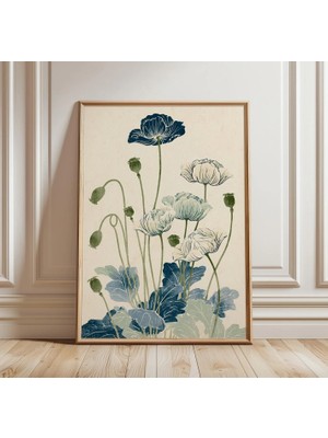 Ninastore Mavi Gelincik Botanik Baskısı | Japon Ahşap Baskı Çiçek Sanatı | Minimalist Doğa Posteri