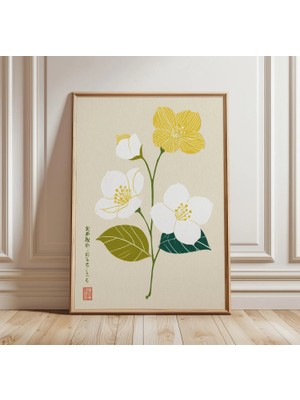 Ninastore Japon Çiçekli Botanik Baskı | Minimalist Sarı ve Beyaz Çiçek Duvar Sanatı