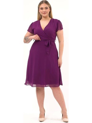 Apsen Collection Apsen Kadın Mor Kruvaze Yaka Kısa Kol Kuşak Bağlama Detaylı Midi Boy Şifon Elbise 4449-110
