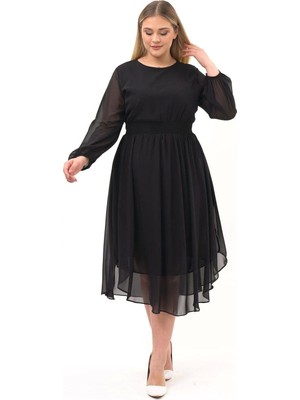 Apsen Collection Apsen Kadın Siyah Bisiklet Yaka Beli Drape Detaylı Uzun Kol Midi Boy Şifon elbise 4466/120