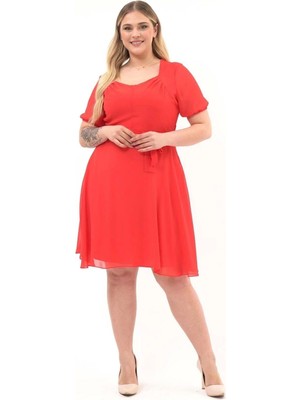 Apsen Collection Apsen Kadın Narçiçeği Yaka Pileli Detaylı Kısa Kol Midi Boy Şifon elbise 4469/105