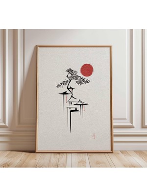 Ninastore Minimalist Japon Pagoda Sanat Baskısı Zen Kırmızı Güneş Duvar Posteri Japon Mürekkep Çizgi Sanatı