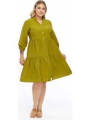 Apsen Collection Apsen Kadın Haki Büyük Beden V Yaka Boydan Düğmeli Eteği Fırfırlı Midi Boy Keten Elbise 4483/105