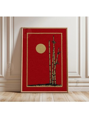 Ninastore Bambu Güneş Posteri | Japon Minimalist Duvar Sanatı | Kırmızı Zen Doğa Baskısı