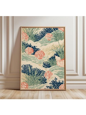 Ninastore Japon Okyanus Dalgaları Baskısı | Kıyı Temalı Deniz Kabuğu Duvar Sanatı | Vintage Denizcilik Dekorasyonu