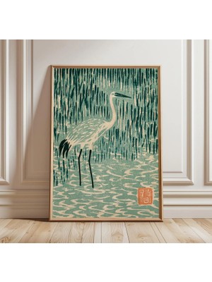 Ninastore Japon Balıkçıl Kuşu Duvar Sanatı | Ahşap Baskı Tarzı Turna Posteri | Turkuaz Bataklık Kuşu Baskısı | Asya Doğası Dekorasyonu