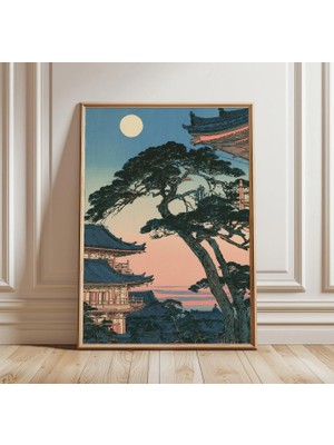 Ninastore Japon Tapınağı Duvar Sanatı | Ay Işığında Pagoda Manzarası Baskısı | Geleneksel Asya Estetiği Dekorasyonu