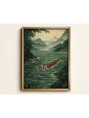 Ninastore Japon Kaplanı Yüzme Baskısı Vintage Ukiyo-E Tarzı Duvar Sanatı Minimalist Hayvan Posteri Asya Esintili Kaplan Dekorasyonu