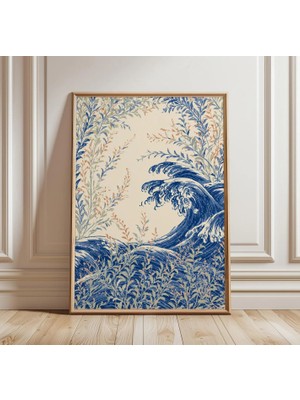 Ninastore Japon Okyanus Dalgaları Baskısı | Mavi Su Duvar Sanatı | Deniz Manzarası Posteri | Botanik Yaprak Illüstrasyonu | Kıyı Dekorasyonu