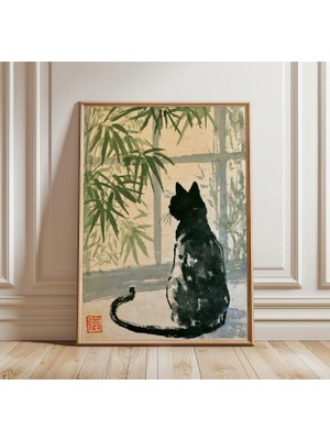 Ninastore Siyah Kedi Suluboya Baskı | Japon Bambu Duvar Sanatı