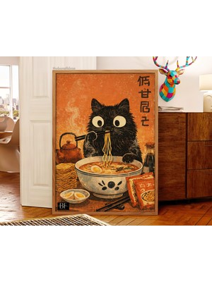 Ninastore Aç Siyah Kedi Ramen Posteri: Japon Yemekleri Duvar Sanatı Poster Baskısı