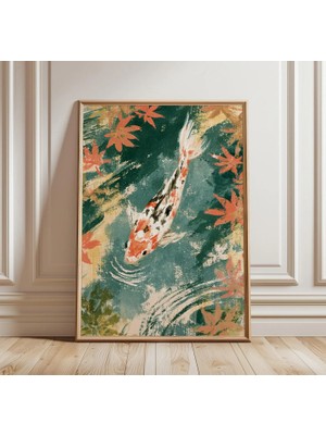 Ninastore Japon Koi Balığı Sanat Baskısı | Sonbahar Göleti Duvar Dekoru | Kırmızı Akçaağaç Yaprağı Illüstrasyonu