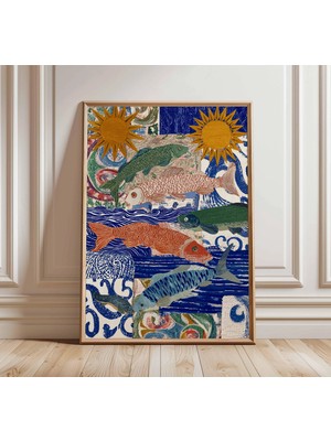 Ninastore Boho Balık Kolaj Posteri, Renkli Okyanus Duvar Sanatı Baskısı, Modern Kıyı Sanatı, Canlı Denizcilik Dekorasyonu, Eklektik Deniz Yaşamı Baskısı