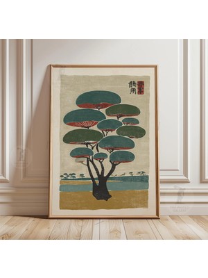 Ninastore Japon Ağacı Posteri | Ahşap Baskı Tarzı Duvar Sanatı Baskısı | Minimalist Doğa Manzarası | Vintage Botanik Dekor