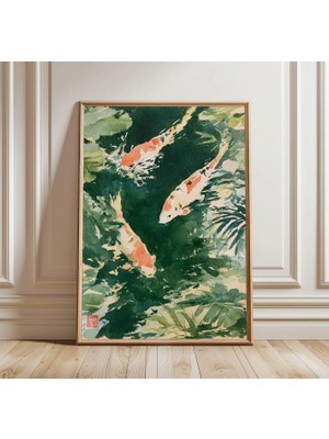 Ninastore Koi Balığı Suluboya Baskı | Japon Tarzı Gölet Duvar Dekoru | Doğa Temalı Sanat Eseri