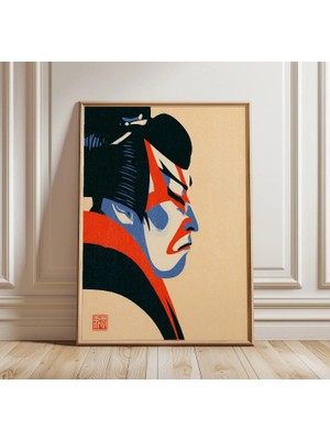 Ninastore Japon Kabuki Oyuncusu Baskısı | Geleneksel Tiyatro Duvar Sanatı | Kırmızı ve Mavi Ukiyo-E Posteri