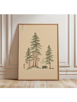 Ninastore Çam Ormanı Ayı Posteri | Japon Mürekkep Tarzı Doğa Duvar Sanatı | Minimalist Orman Baskısı