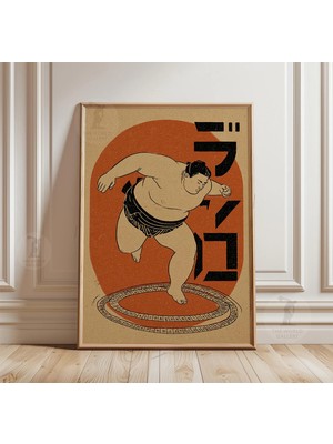 Ninastore Sumo Güreşçisi Posteri Turuncu Siyah Japon Tarzı Kağıt Duvar Sanatı