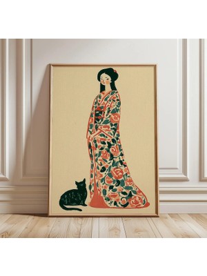 Ninastore Japon Geyşa Duvar Sanatı | Çiçekli Kimono Illüstrasyonu | Vintage Asya Kedisi Posteri