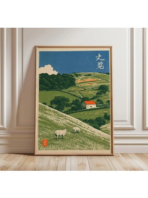 Ninastore Japon Kırsal Manzarası Baskısı | Yeşil Tepeler Duvar Sanatı | Pastoral Manzara Posteri