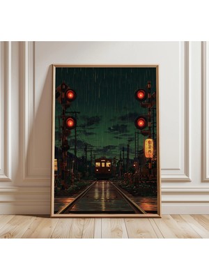 Ninastore Japon Tren Geçidi Posteri, Yağmurlu Gece, Sinematik Tarzda Anime Duvar Sanatı, Yatak Odası ve Oturma Odası Dekorasyonu