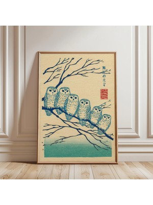 Ninastore Mavi Baykuş Posteri | Japon Ahşap Baskı Kuş Sanatı | Minimalist Doğa Illüstrasyonu Baskısı