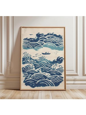 Ninastore Japon Dalga Desenli Poster | Mavi Okyanus Illüstrasyon Baskısı | Minimalist Deniz Manzarası Duvar Sanatı