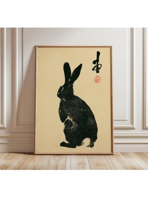 Ninastore Japon Tavşanı Sumi E Baskı | Minimalist Siyah Mürekkep Tavşan Duvar Sanatı | Asya Fırça Hayvan Dekorasyonu