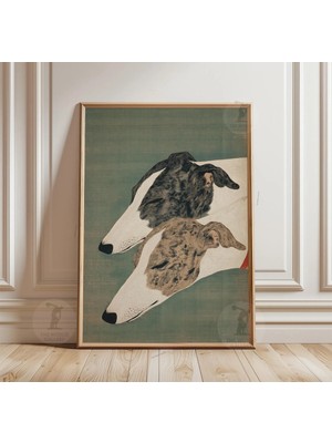 Ninastore Çizgili Whippet Köpeği Posteri | Siyah Beyaz Av Köpeği Portresi | Japon Tarzı Hayvan Duvar Sanatı