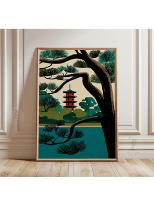 Ninastore Japon Pagoda Posteri | Manzara Illüstrasyon Baskısı | Göl ve Ağaç Duvar Sanatı | Vintage Asya Tasarımı