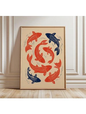Ninastore Japon Koi Balığı Linol Baskı | Minimalist Kırmızı ve Mavi Sazan Duvar Dekoru