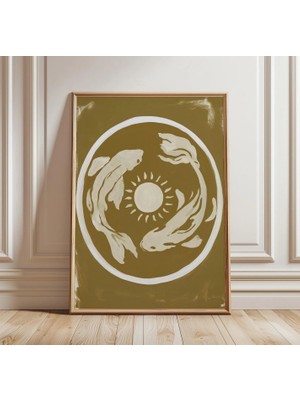 Ninastore Minimalist Koi Balığı Baskısı | Toprak Tonlarında Hardal Duvar Sanatı | Japon Yin Yang Posteri