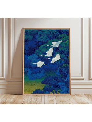 Ninastore Koyu Orman Turna Kuşları Sanat Baskısı Derin Mavi Doğa Posteri Vintage Japon Ahşap Baskı Tarzı Duvar Dekoru Ukiyo-E