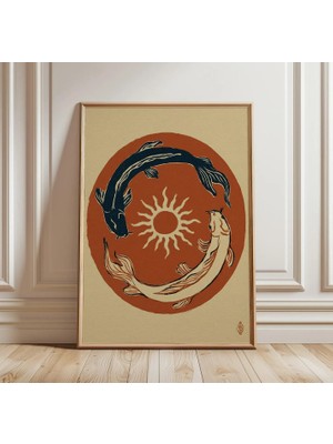 Ninastore Koi Balığı Linol Baskı | Yin Yang Güneş Duvar Sanatı | Japon Ahşap Baskı Tarzı Poster