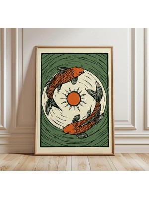 Ninastore Japon Koi Balığı Linol Baskı | Minimalist Kırmızı Sazan Duvar Sanatı | Asya Tarzı Su Havuzu Dekorasyonu