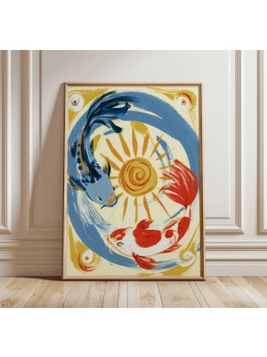 Ninastore Koi Balığı Duvar Sanatı | Japon Yin Yang Posteri | Mavi ve Kırmızı Sazan Tablosu
