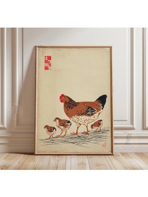 Ninastore Japon Çiftlik Tavuğu Posteri | Vintage Tavuk Duvar Sanatı | Rustik Minimalist Hayvan Illüstrasyon Baskısı