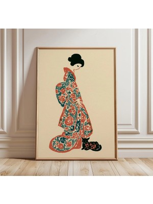 Ninastore Japon Geyşa Posteri | Minimalist Kadın ve Kedi Duvar Sanatı | Asya Çiçekli Kimono Illüstrasyon Baskısı