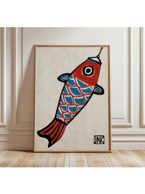 Ninastore Japon Koi Balığı Posteri | Kırmızı ve Mavi Sazan Duvar Sanatı | Minimalist Hayvan Illüstrasyonu